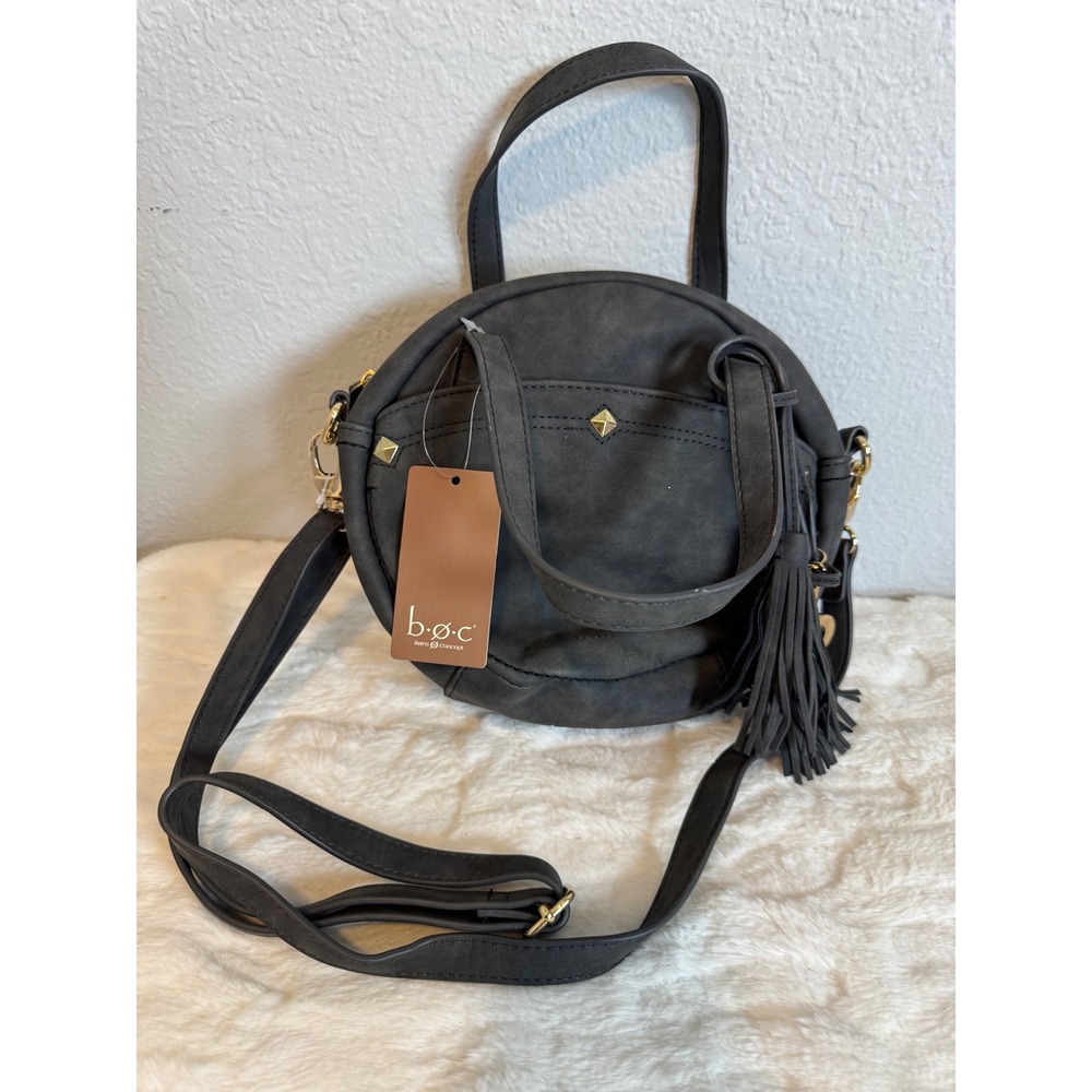 B.O.C. Born Concept Gray Round Crossbody Bag Tassel Gold Studs NWT
